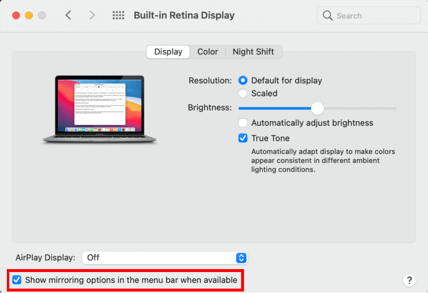 Check the Show mirroring options in the menu bar when available option.