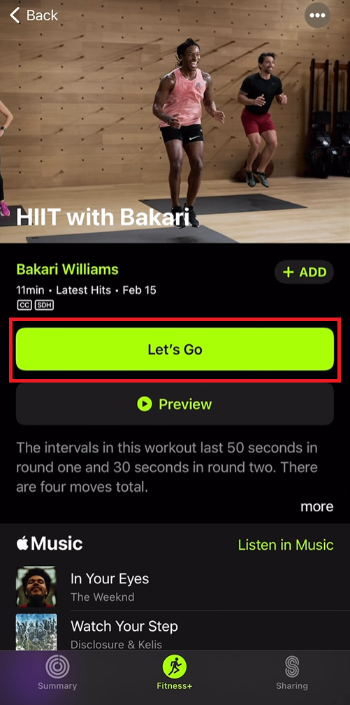 Choose a workout on Apple Fitness+ and tap Let's Go, to AirPlay