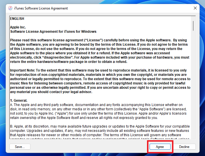 Click on Agree to start iTunes on Windows