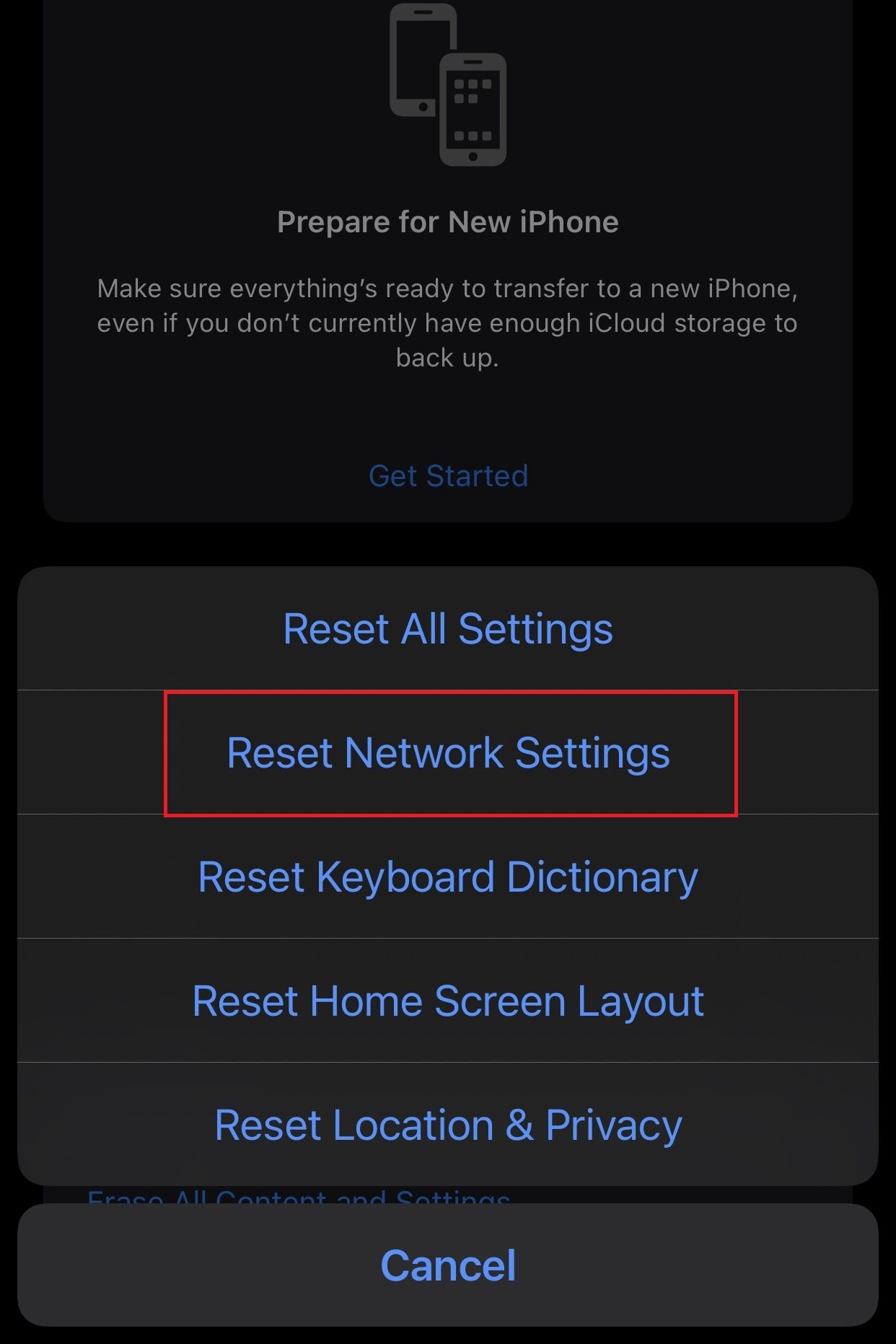 Tap on Reset Network Settings on iPhone