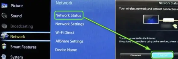 Select Network and then Network Status and then IP Settings option.