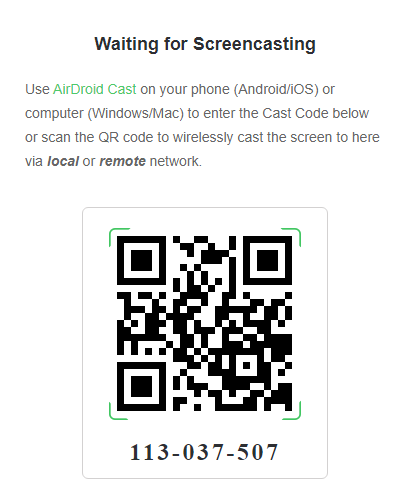 Scan AirDroid Cast QR code and enter 9 digit code