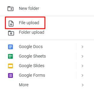 Click the File Upload option on Google Drive