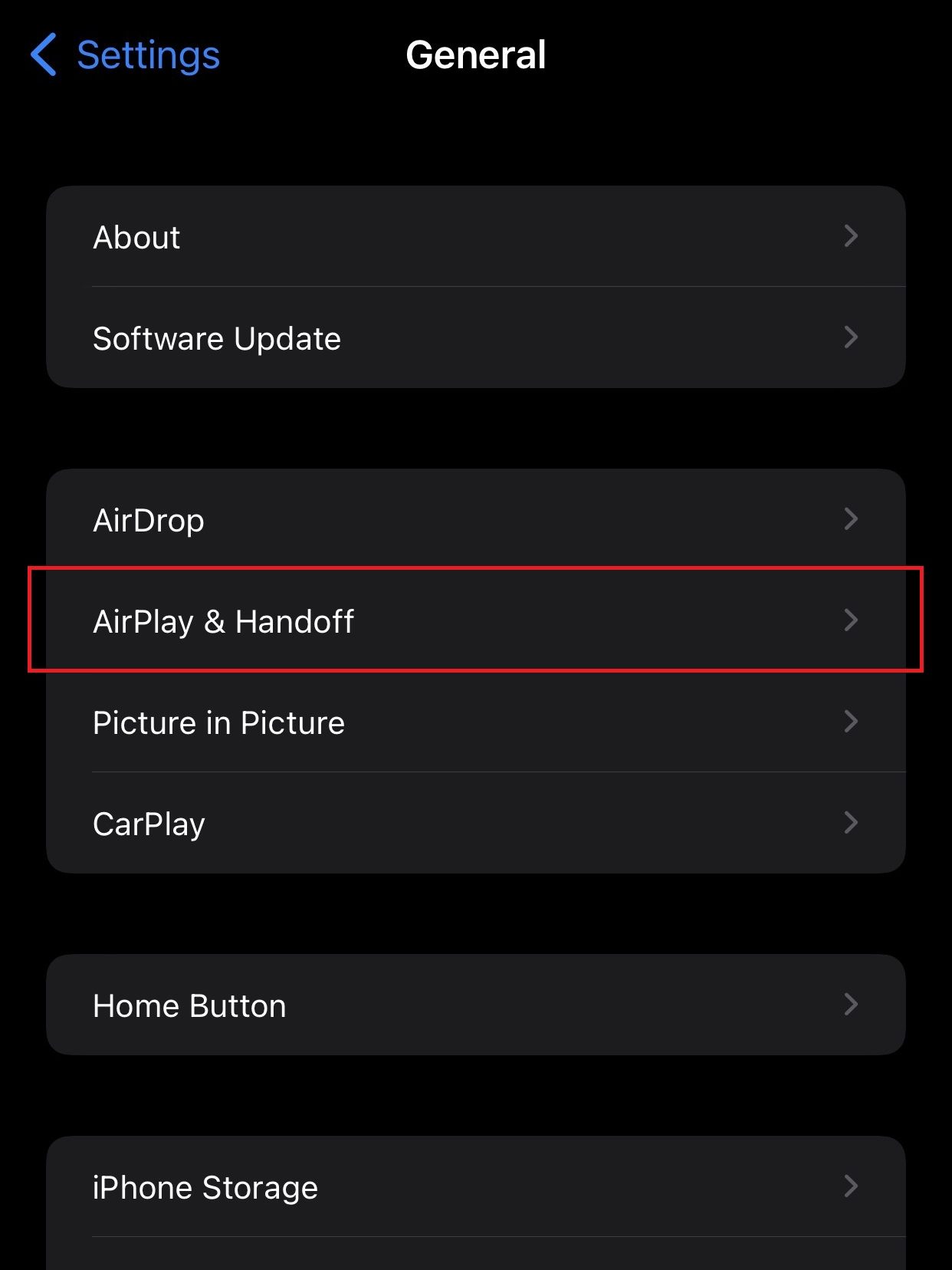 Under General settings click on AirPlay & Handoff