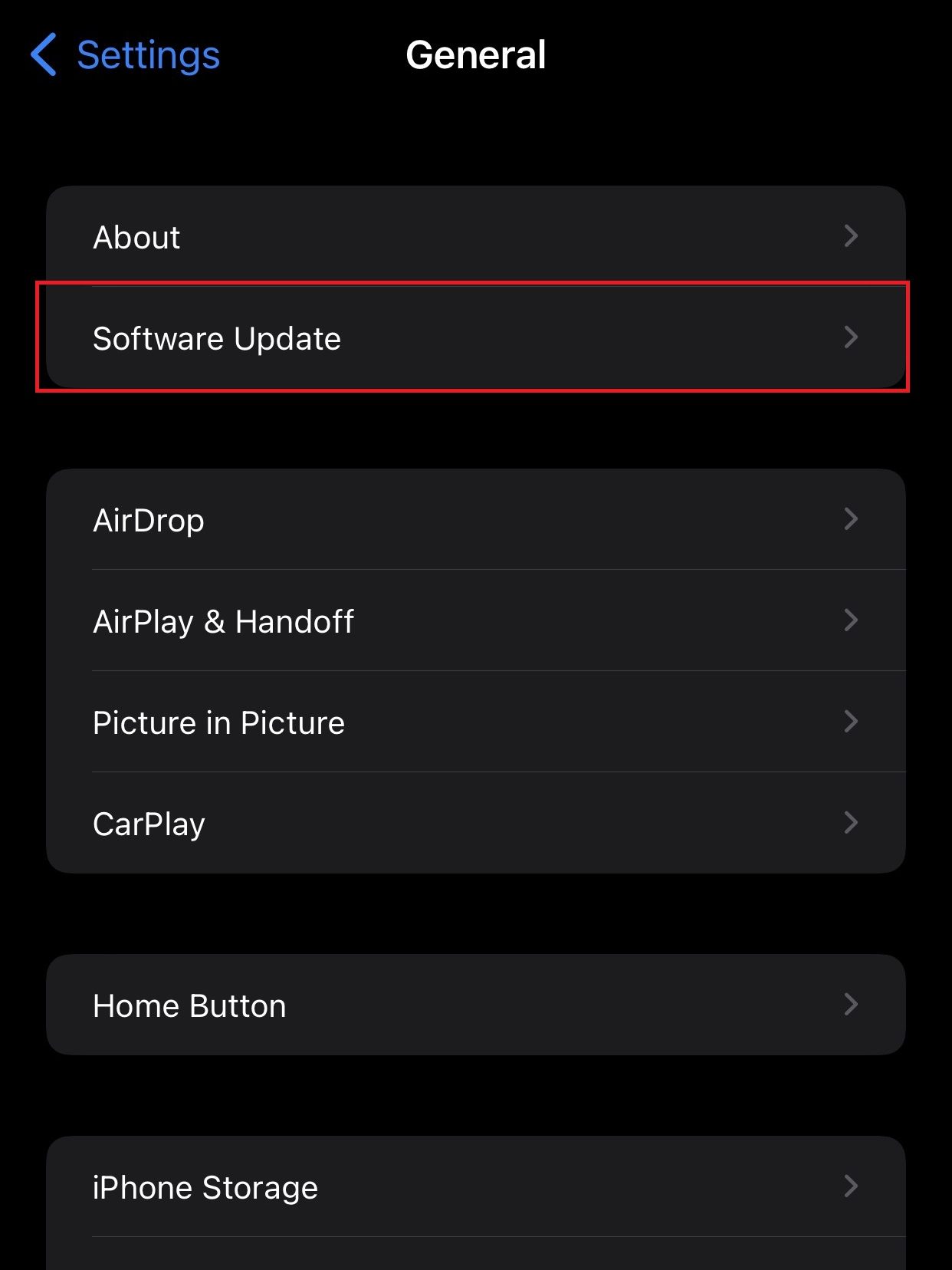 Select Software Update on iOS to resolve AirPlay icon missing issue