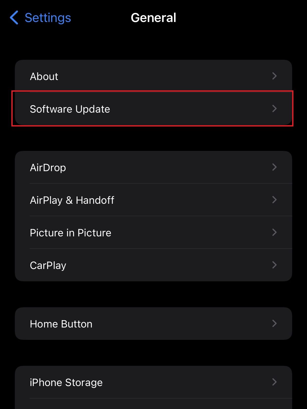 Select Software Update on iOS to resolve AirPlay icon missing issue
