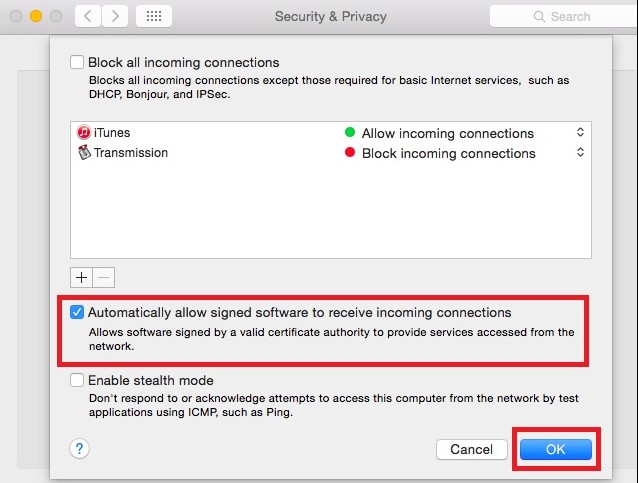 Configure Apple Firewall settings to make AirPlay working on Mac 