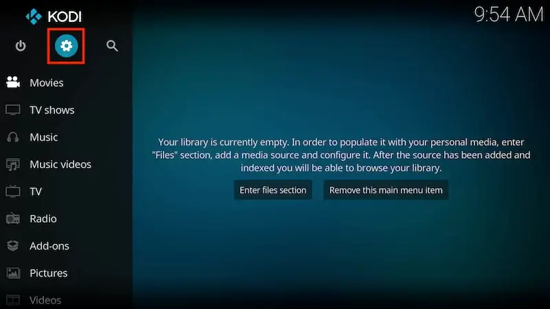 Select Settings icon on Kodi