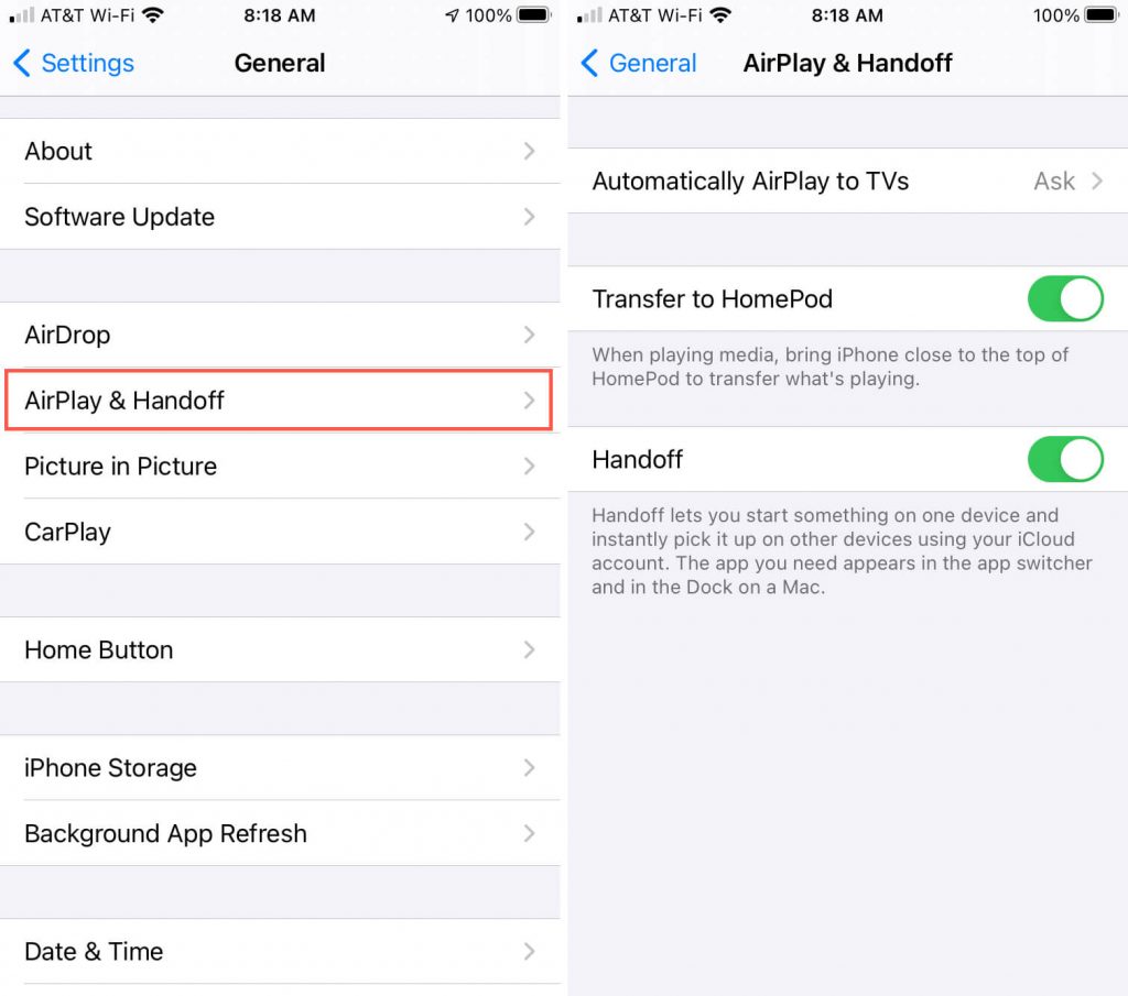 Click AirPlay and Handoff Settings under General