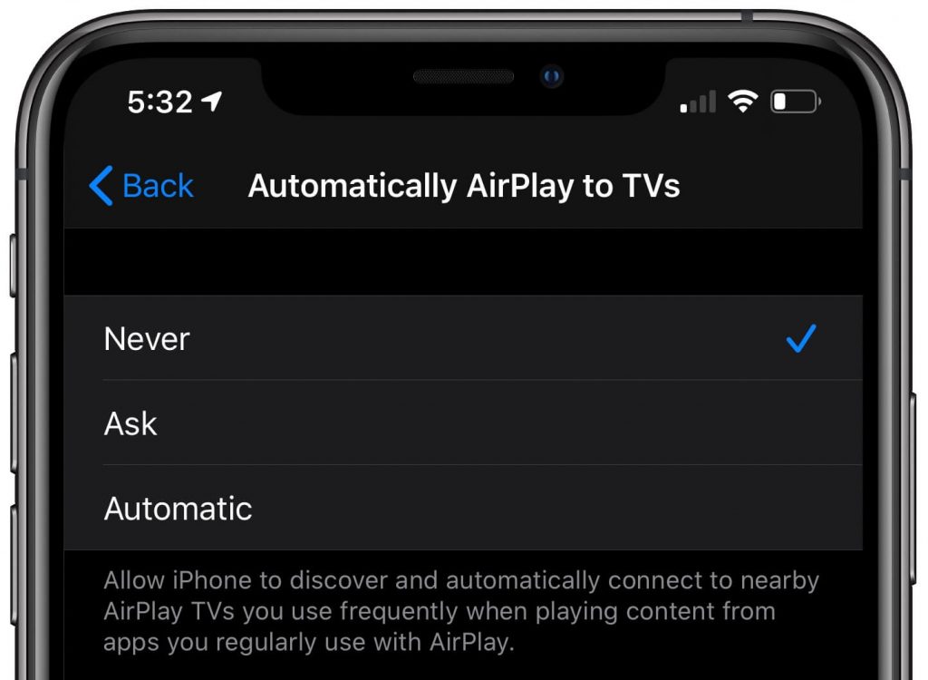 Select Never to prevent AirPlay Stops When iPhone Locks