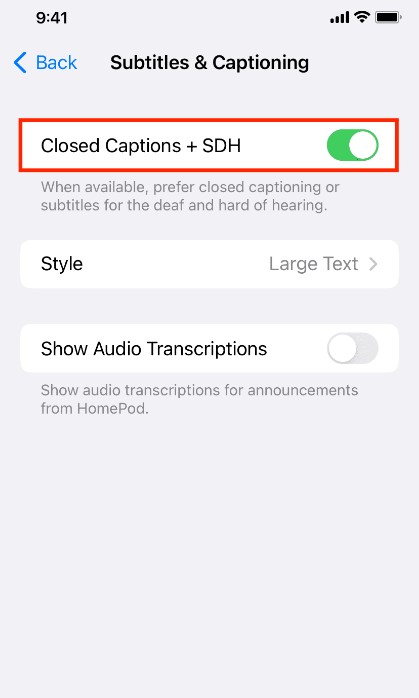 Enabling subtitles and SDH on iPhone