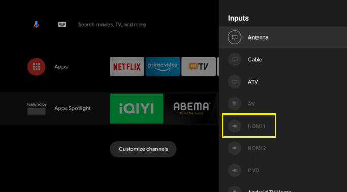 Choose the input to AirPlay Prime Video to Android TV