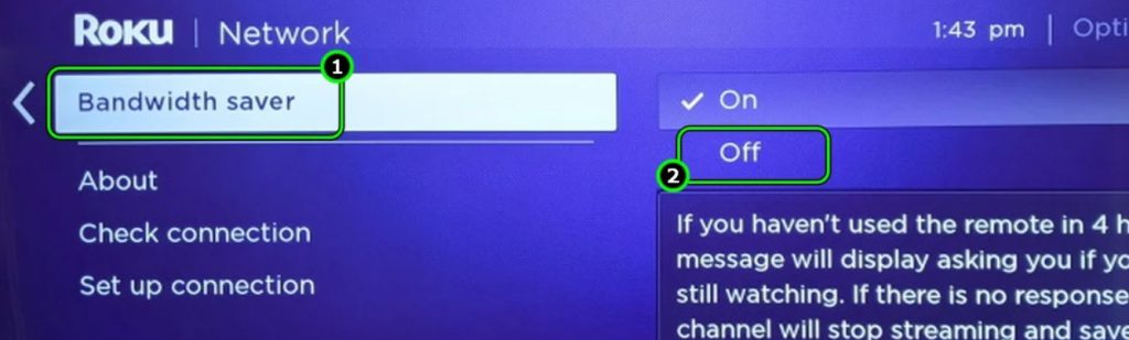 Turn off Bandwidth Saver on Roku for AirPlay
