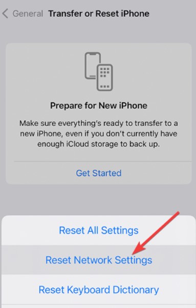Click Reset Network Settings on iPhone