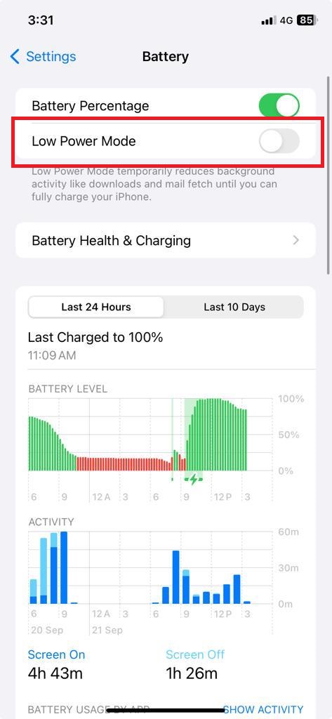 Turn off Low Power Mode to fix AirPlay Keeps Disconnecting issue