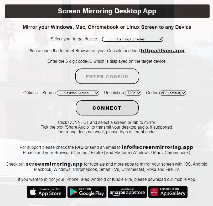 Select Screen Mirroring Sender webpage 