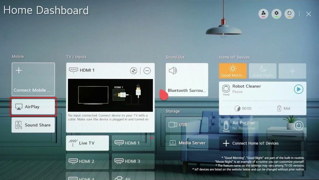 Click AirPlay on ThinQ Home Dashboard of the LG TV