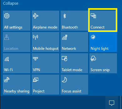 Click Connect on Windows Action Center on PC to screen mirror