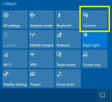 Click Connect on Windows Action Center to screen mirror to TV