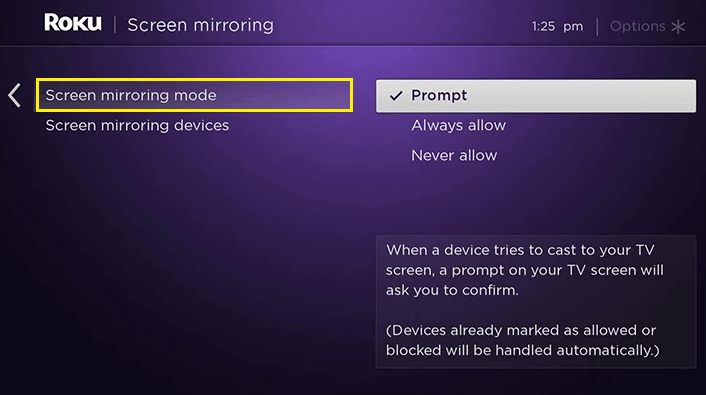 Click on the Screen Mirroring mode