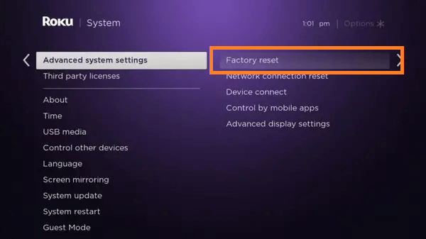 Factory reset device to fix screen mirroring not working on Roku 