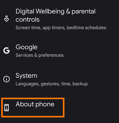 Select About phone option from settings