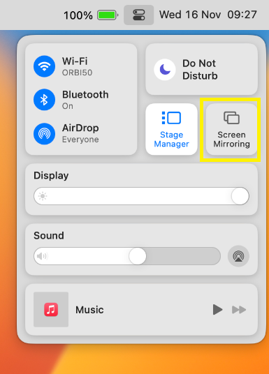Screen mirror from Mac using Screen Mirroring icon