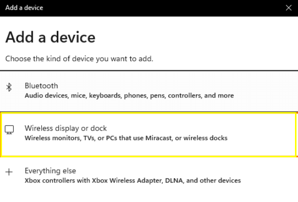 Choose Wireless Display or Dock