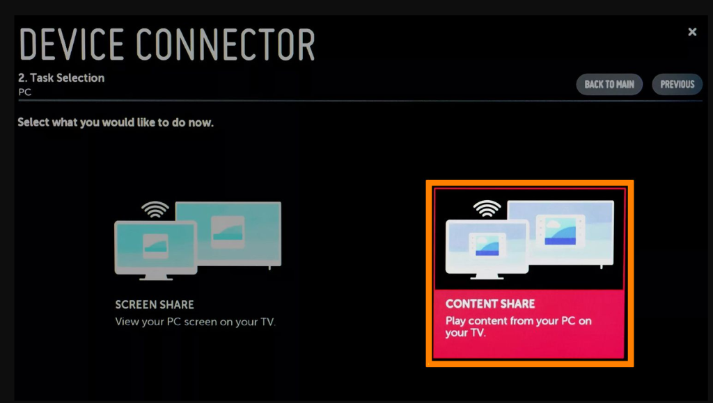 Select Content Share to screen mirroring LG TV