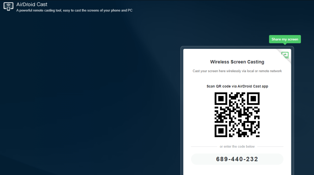 QR Code for AirDroid to screen mirror iPhone to Chromebook