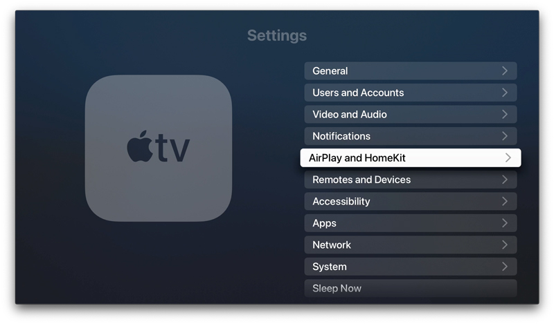 Select AirPlay and HomeKit settings on Apple TV