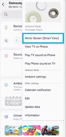 Click the Mirror Screen option to screen mirror to Samsung TV
