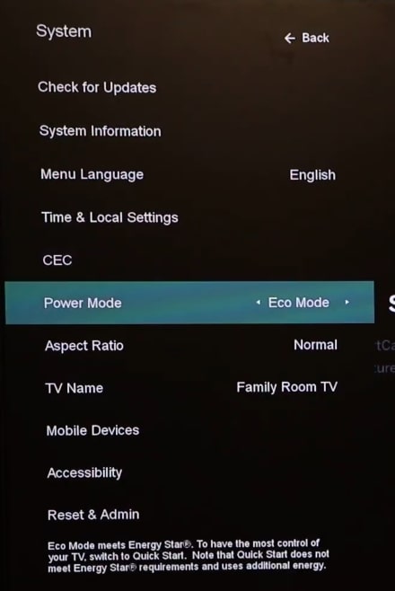 Select Eco Mode on Vizio TV