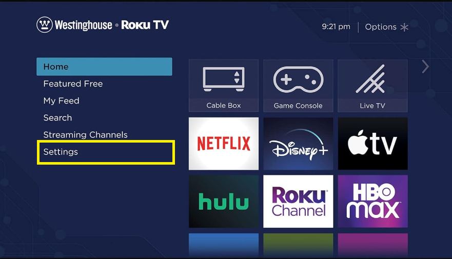 westinghouse tv screen mirroring - Choose the Settings option